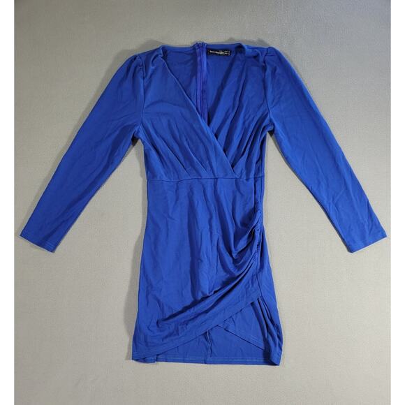 Sarin Mathews Womens Deep V Neck Bodycon Mini Dress Long Sleeve Ruched Small - Picture 1 of 5